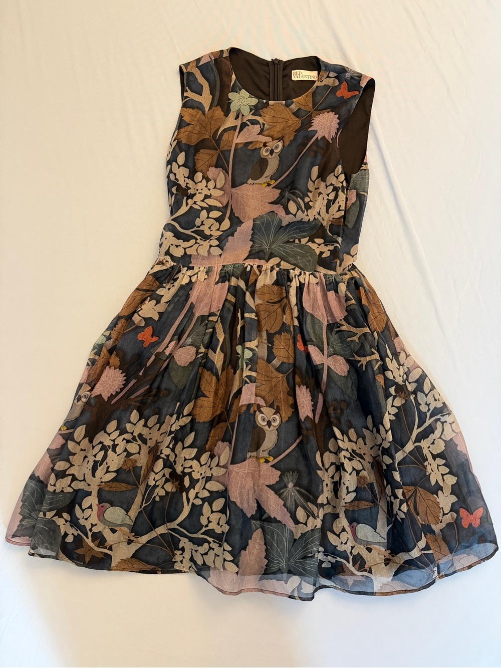 Vintage RED VALENTINO Multicolor Owl Floral Chiffon Silk A-Line Dress XS